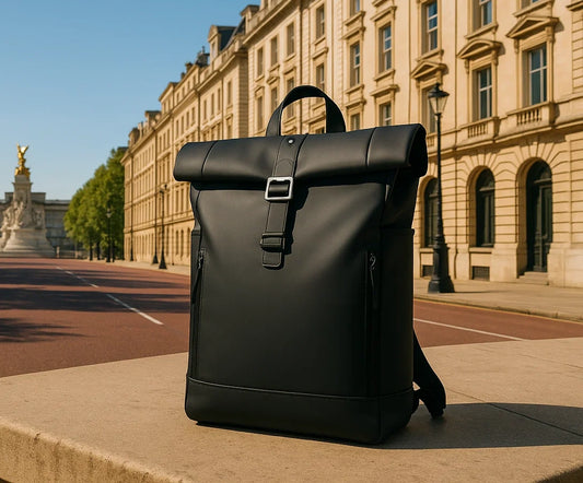7700 black rolltop backpack placed upright on city pavement under sunny sky, modern street-style commuting look