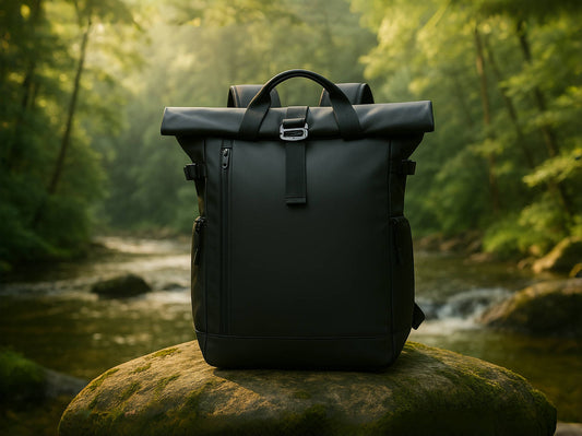 7701 waterproof backpack in black placed in a forest stream setting