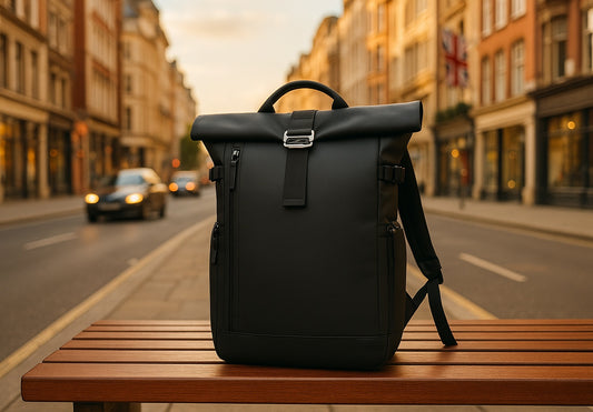 7701 waterproof backpack in black placed on a bench in the middle of an urban street