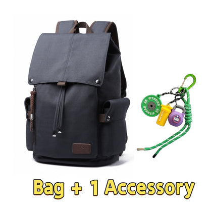 Dark grey 7704 waterproof canvas backpack 22L showcasing classic heritage design, brown leather details, vintage buckle system, side pockets and one fitness-themed accessory with green lanyard and survival gear