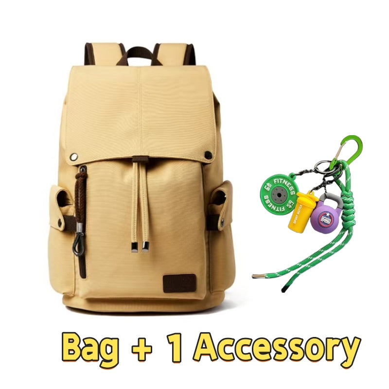 Khaki 7704 waterproof canvas backpack 22L featuring vintage-style design, leather trim accents, drawstring closure, front flap with buckle details and one fitness accessory lanyard with colorful survival tools