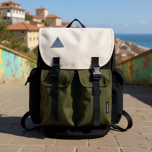 BackpackBeat 7705 waterproof canvas backpack 25L olive green in Valparaíso Chile with colorful hillside buildings and Pacific Ocean view - digital nomad travel bag