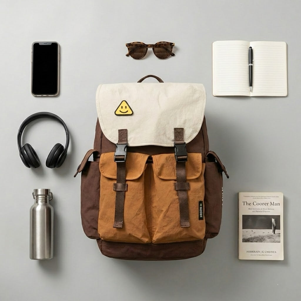 Top-down flat lay of the 7706 waterproof backpack with phone, notebook, headphones and water bottle on a light grey background
