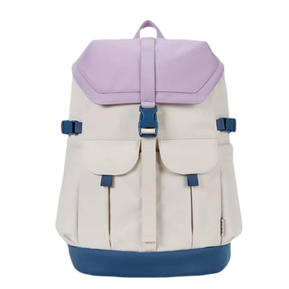 7708 stylish waterproof backpack 28L featuring lavender purple top flap, cream body and blue accents for contemporary style