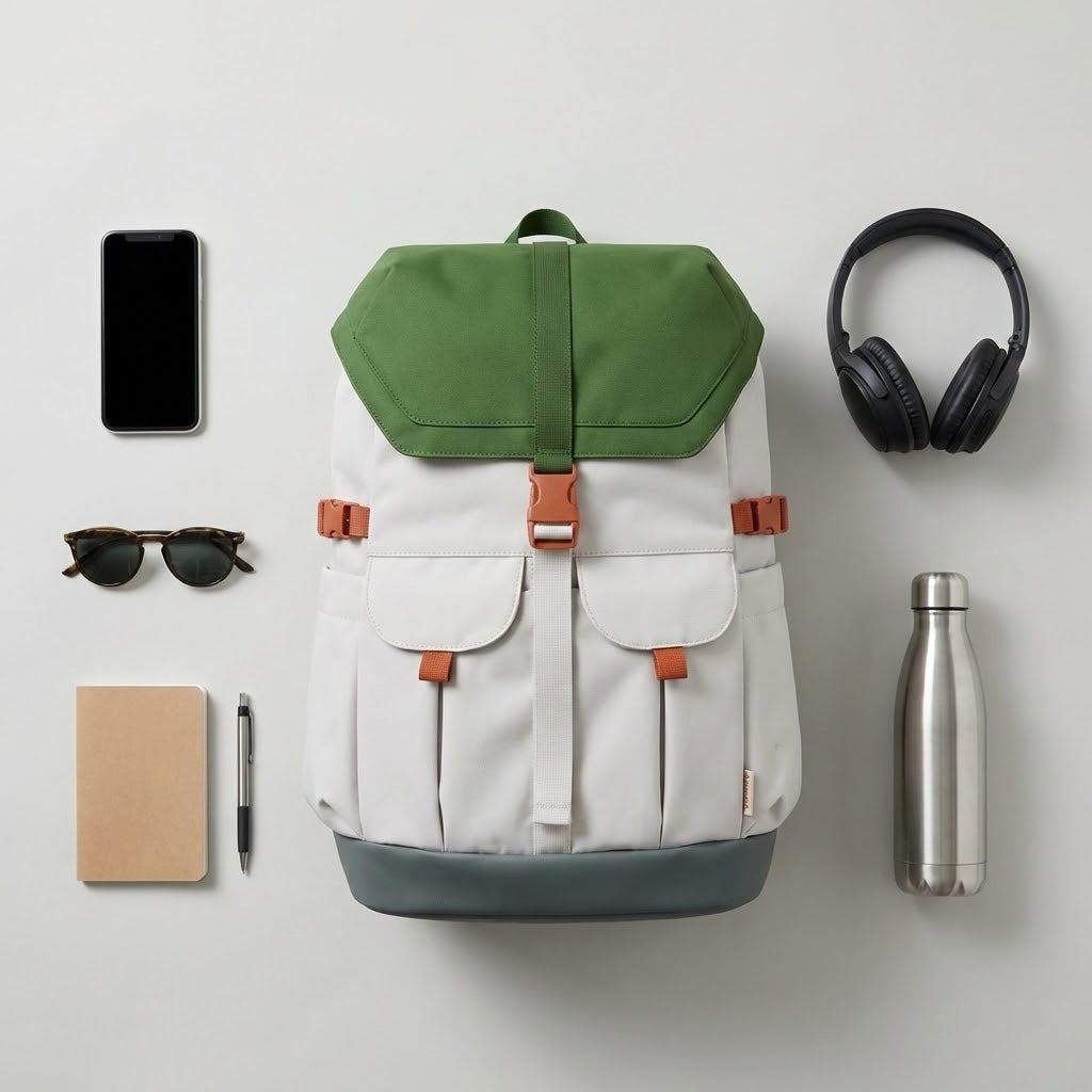 Top-down flat lay of the 7708 waterproof backpack with laptop, notebook, phone, headphones and water bottle on a clean grey background