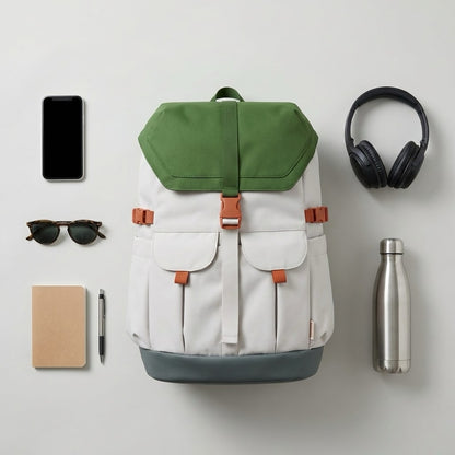 Top-down flat lay of the 7708 waterproof backpack with laptop, notebook, phone, headphones and water bottle on a clean grey background