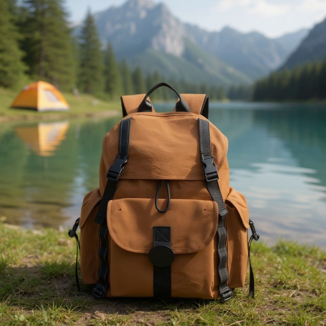 7710 lightweight backpack for travel 22L in scenic lakeside camping setting with tent and mountains, demonstrating outdoor adventure versatility