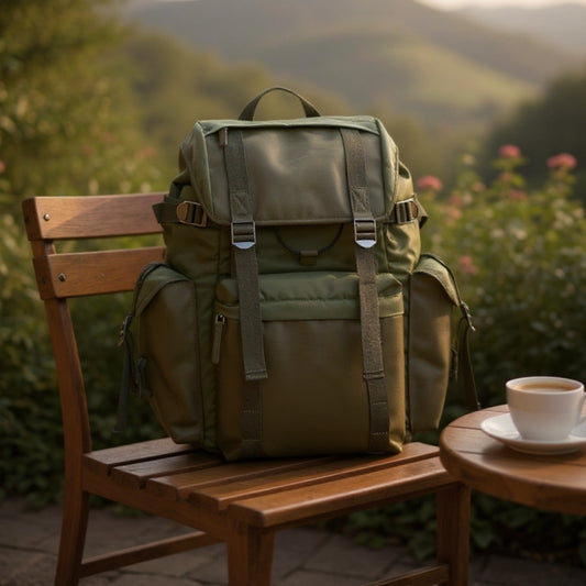 Backpackbeat 7711 Nomad Backpack 31L on wooden chair at outdoor countryside cafe terrace with coffee cup and mountain landscape background