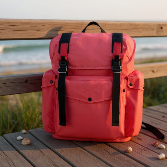 Backpackbeat 7712 Lightweight Backpack 25L coral pink on wooden seaside boardwalk with ocean waves background and scattered seashells
