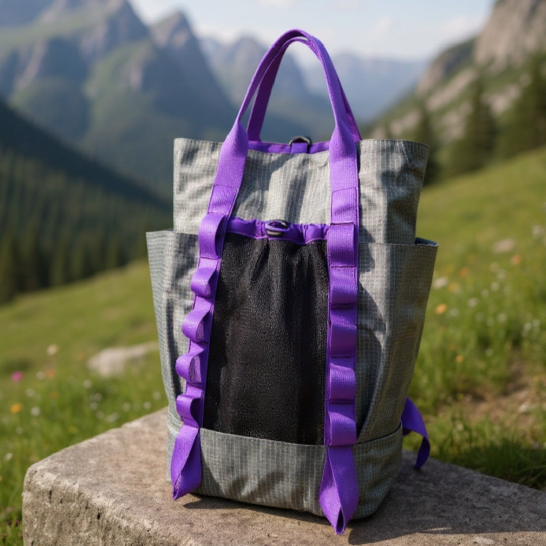Backpackbeat 7713 Lightweight Backpack 22L gray with purple straps on stone viewpoint with mountain landscape background, water-resistant fabric