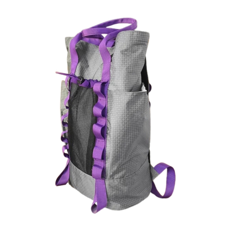 Backpackbeat 7713 Lightweight Backpack 22L gray with purple straps side profile view showing streamlined silhouette and front mesh pocket design