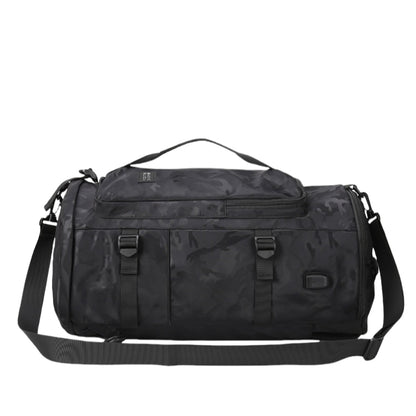 8801 stylish waterproof backpack 45L in black camouflage carried as single shoulder bag, showing versatile dual-carry functionality