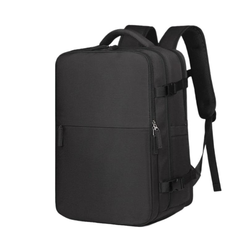 Black version of 8802 lightweight travel backpack 35L showing same design features as purple model with compression straps and dual carry handles