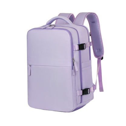 Purple 8802 lightweight travel backpack 35L front three-quarter angle showing complete design with top handle, compression straps, and front pocket access