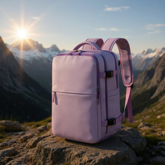 Purple 8802 lightweight travel backpack 35L placed on rocky mountain terrain with sunrise backdrop, showcasing outdoor adventure travel capabilities and durable construction
