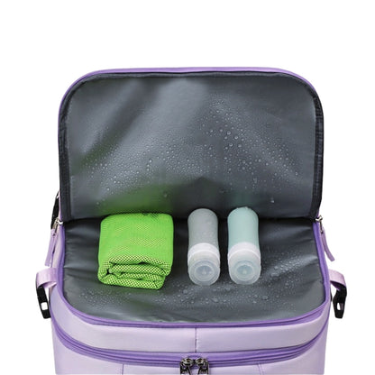Purple 8802 travel backpack 35L wet compartment open showing waterproof interior with travel bottles and toiletry mesh bag, demonstrating dry-wet separation functionality