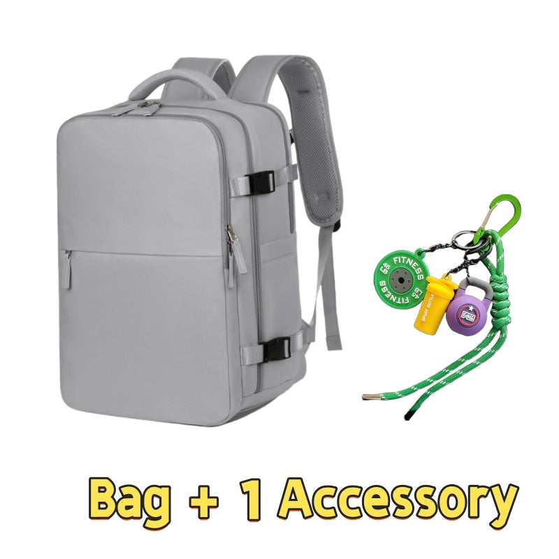 Grey 8802 lightweight travel backpack 35L set displaying minimalist business design, ergonomic straps, front compartment access and one outdoor accessory with fitness equipment themed survival tools and carabiners