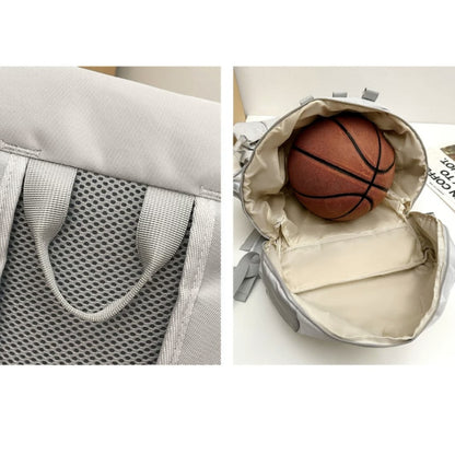 Beige 8803 stylish waterproof backpack 34L showing reinforced mesh side pocket and open main compartment with basketball storage capability, demonstrating sports equipment organization