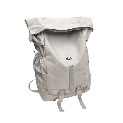 Beige 8803 stylish waterproof backpack 34L complete view showing roll-top closure, compression straps, reinforced bottom, and ergonomic shoulder strap system