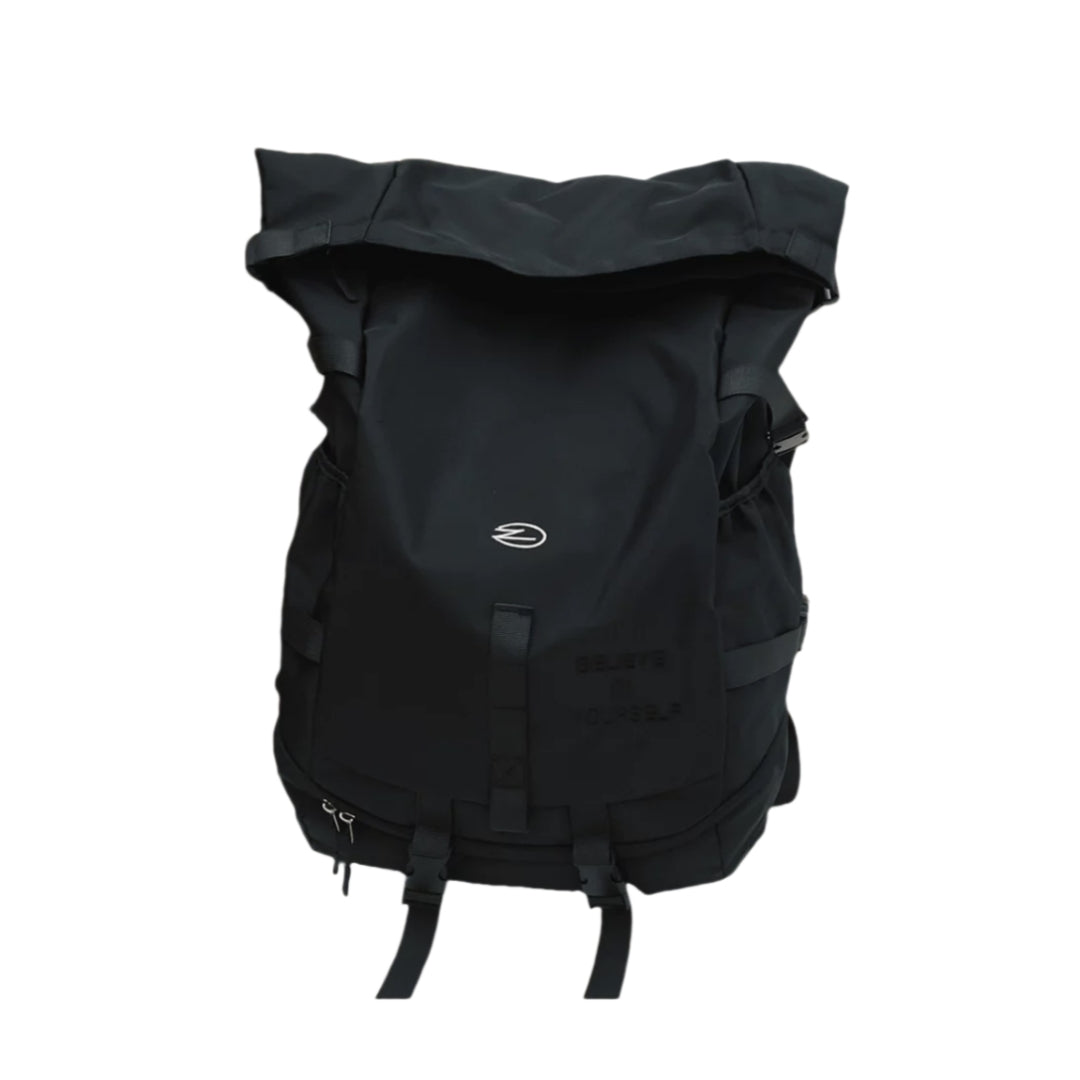 Black 8803 stylish waterproof backpack 34L featuring distinctive roll-top closure design with compression straps and waterproof fabric for maximum weather protection