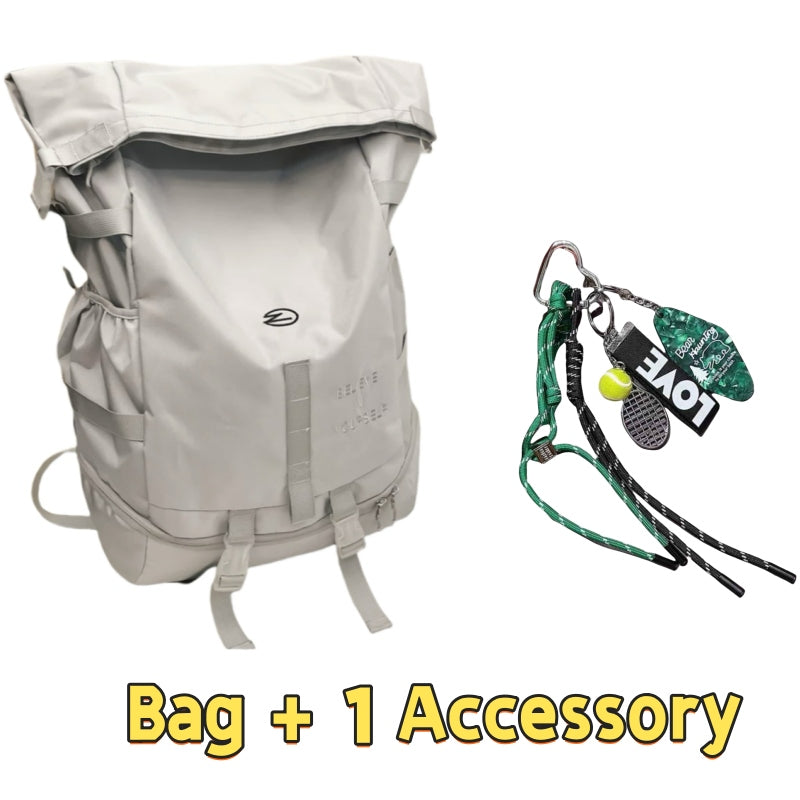Beige 8803 stylish waterproof backpack 34L set including roll-top backpack with compression straps and one outdoor accessory featuring "LOVE" branded lanyard with carabiners and survival tools