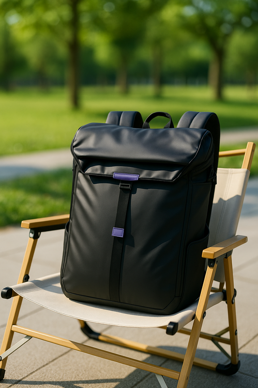 8808 Extend Waterproof Backpack sitting on a camping chair in bright daylight, ready for travel