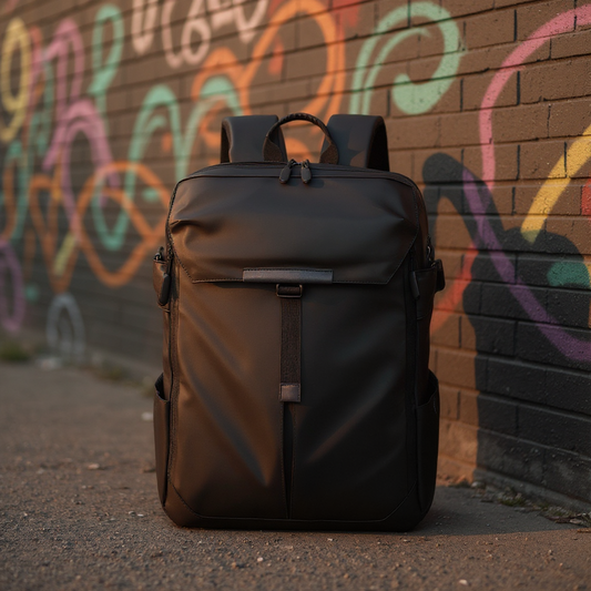 Compact black 8808 expandable backpack with roll-top closure against vibrant graffiti wall, urban digital nomad gear, waterproof travel backpack for city adventures and business travel