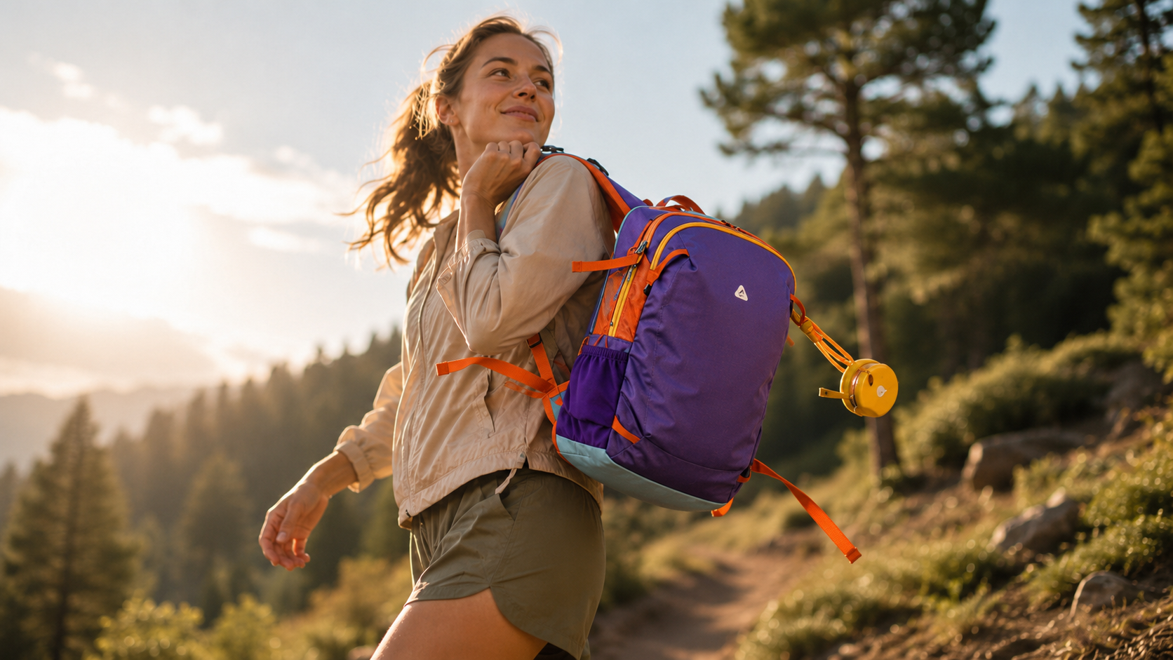 Woman hiking mountain trail with 8809 lightweight hiking backpack 19L in purple