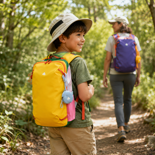 Child wearing the yellow 8810 Lightweight Hiking Backpack 14L for Kids while hiking with a parent on a forest trail