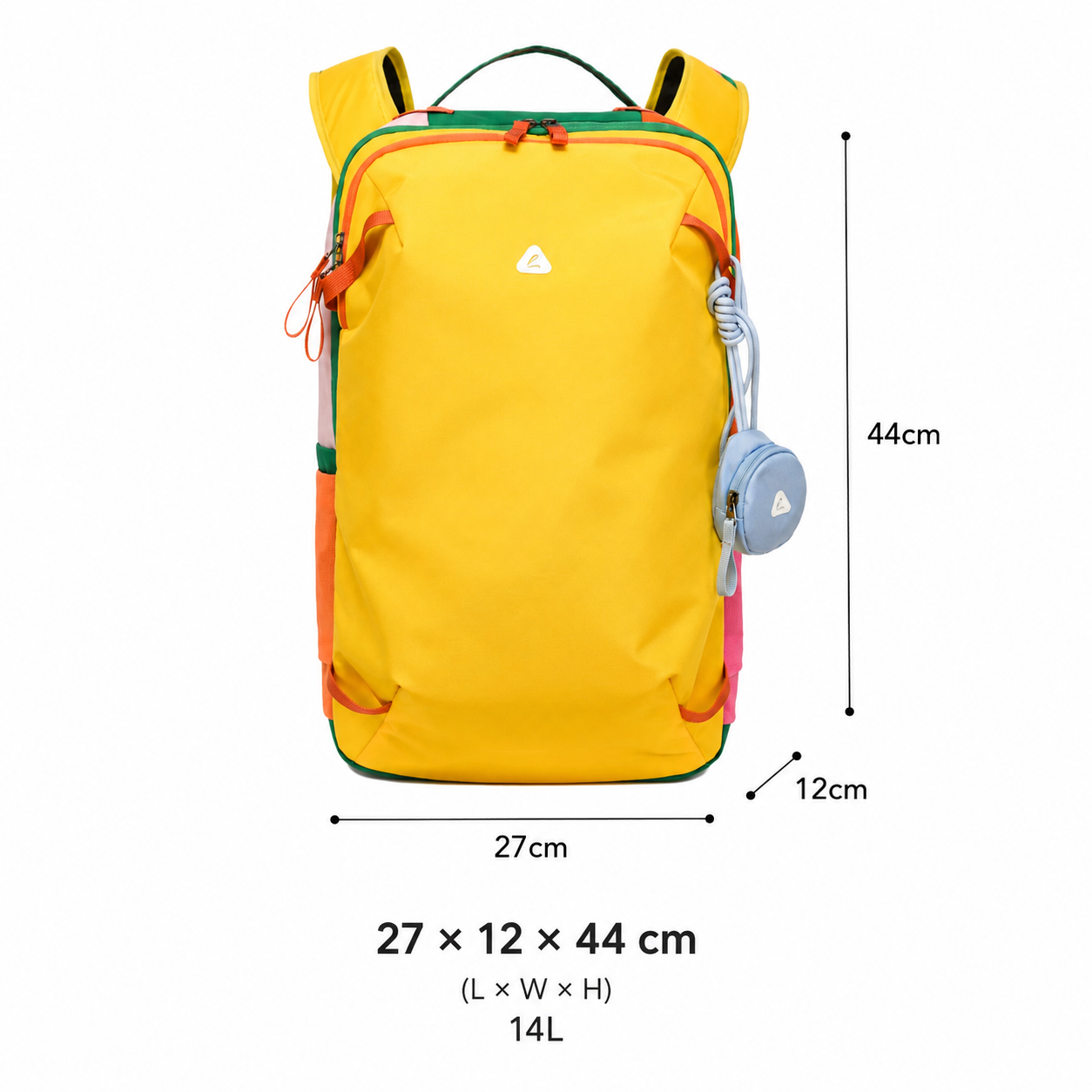 Yellow 8810 Lightweight Hiking Backpack 14L for Kids measuring 27 × 12 × 44 cm