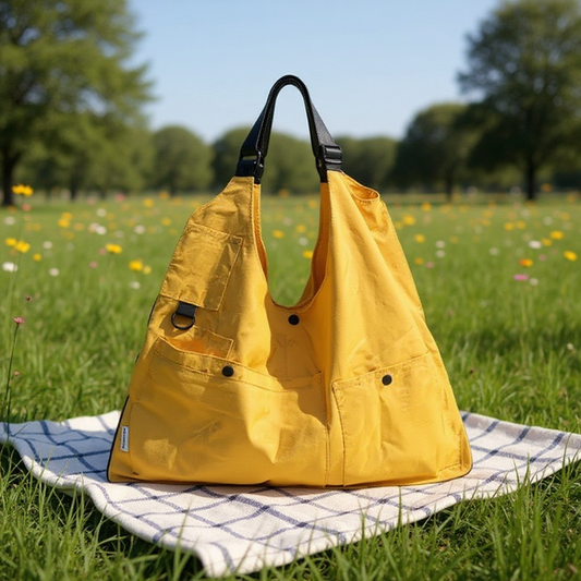A bright yellow convertible bag, designed as a crossbody or vest, placed on a checkered picnic blanket in a sunny green field with wildflowers, suggesting leisure or outdoor activities.