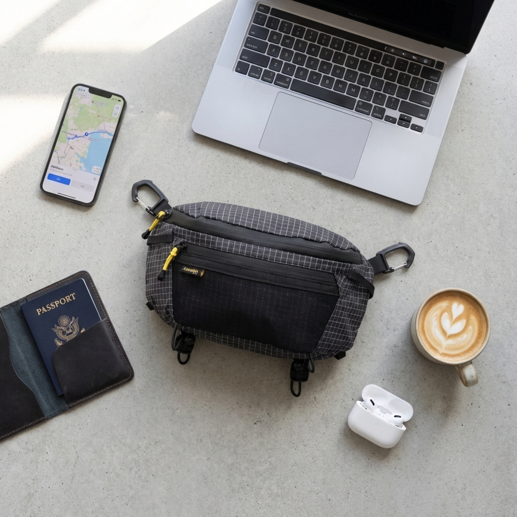 9903 gray ripstop crossbody bag flat lay on light concrete with MacBook, iPhone map app, passport, AirPods and latte, digital nomad travel essentials