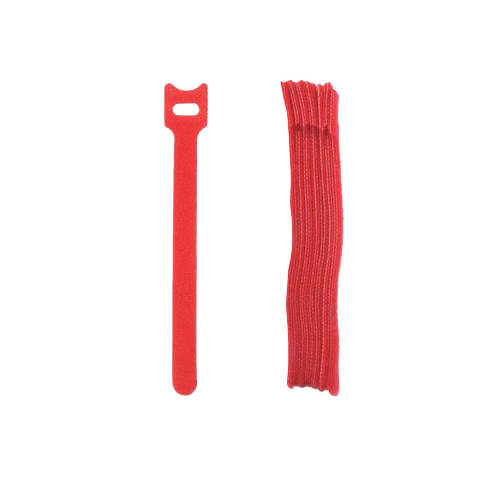 BackpackBeat 1101 red velcro cable tie single strip next to full bundle on white background