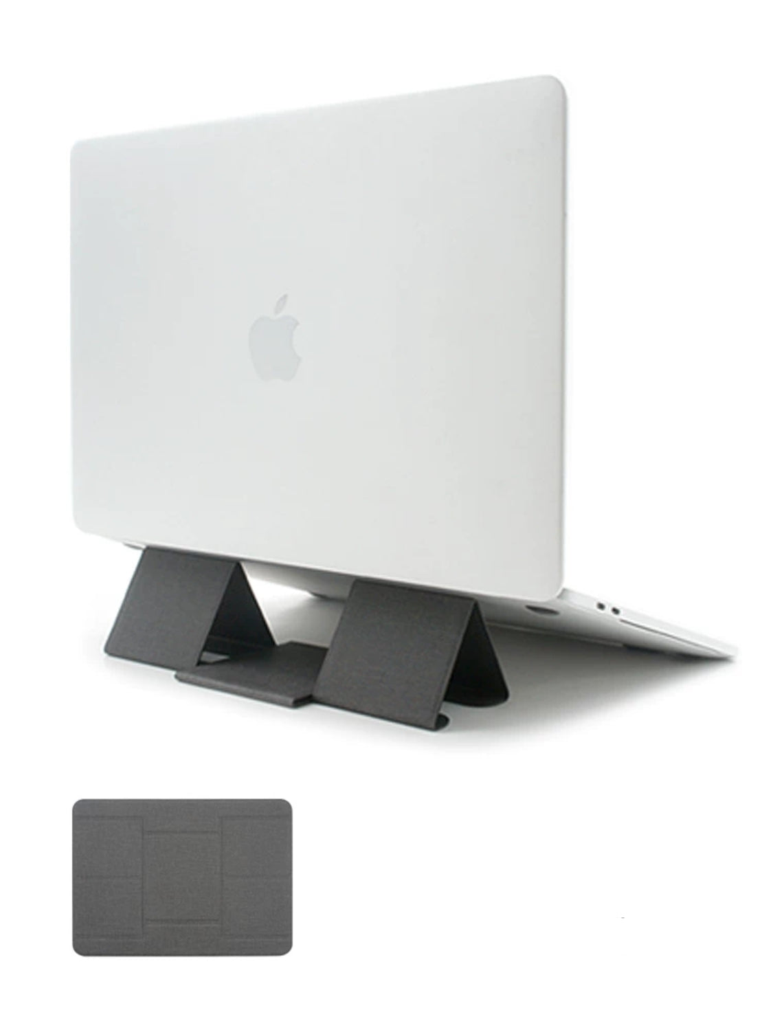 BackpackBeat 1103 gray foldable laptop stand shown supporting MacBook upright and folded flat below