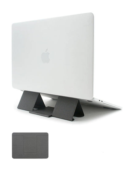 BackpackBeat 1103 gray foldable laptop stand shown supporting MacBook upright and folded flat below