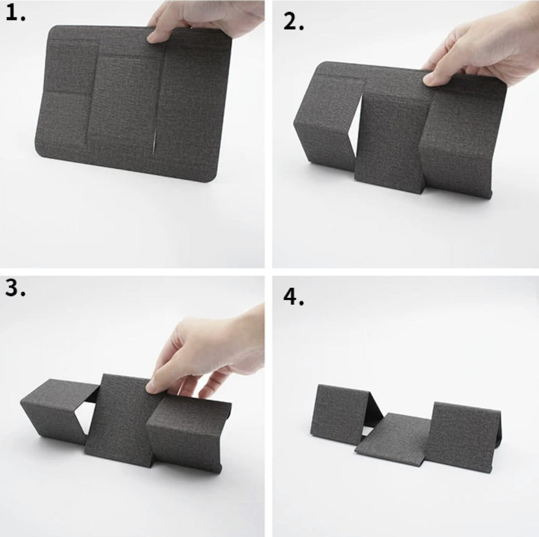 BackpackBeat 1103 laptop stand four step setup sequence from flat folded to fully open triangle stand