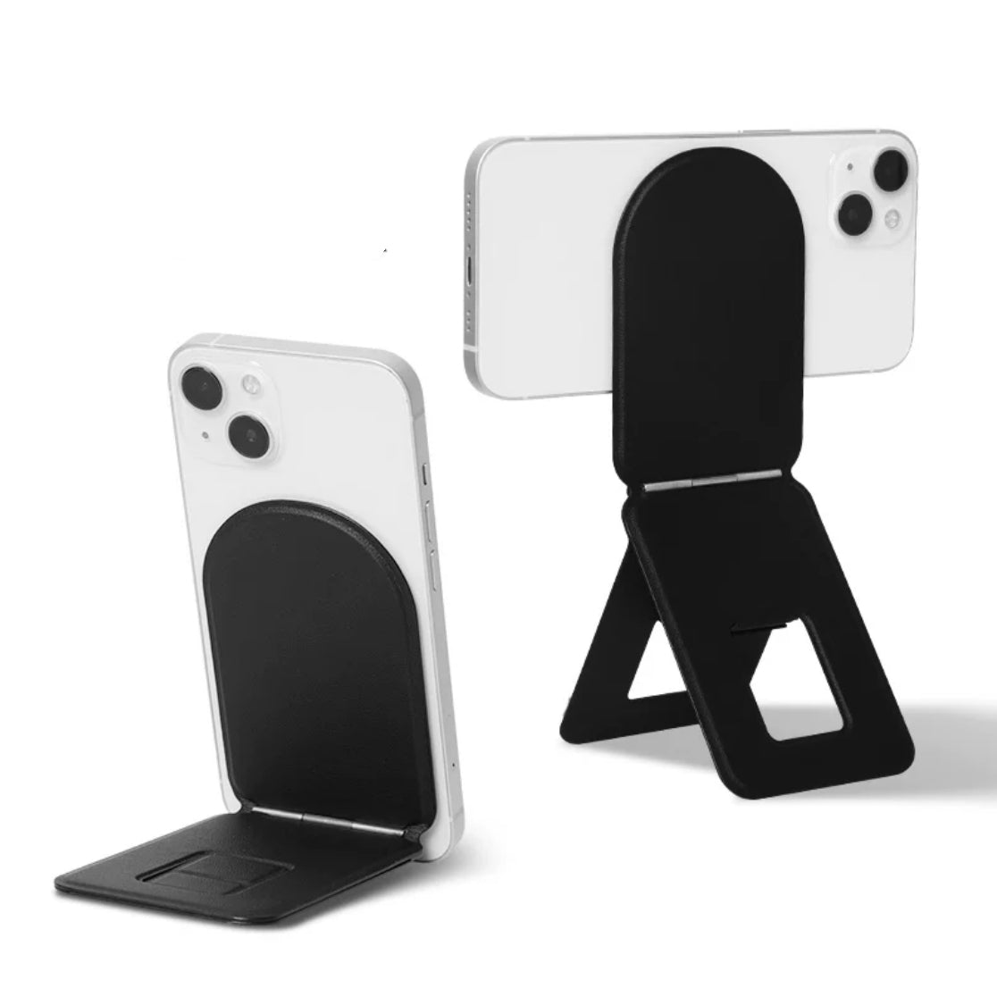 BackpackBeat 1104 black foldable stand shown in portrait lean and full triangle kickstand mode