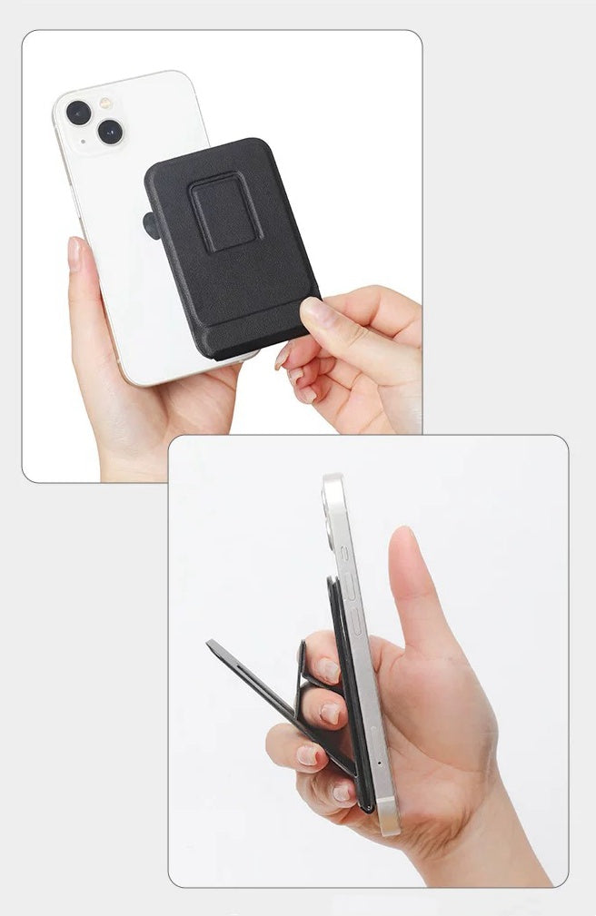 Hand holding iPhone with BackpackBeat 1104 black magnetic stand attached and folded flat