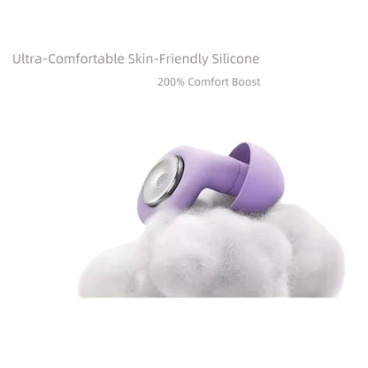 BackpackBeat 1106 purple silicone noise filtering earplug resting on soft cotton cloud showing comfort material