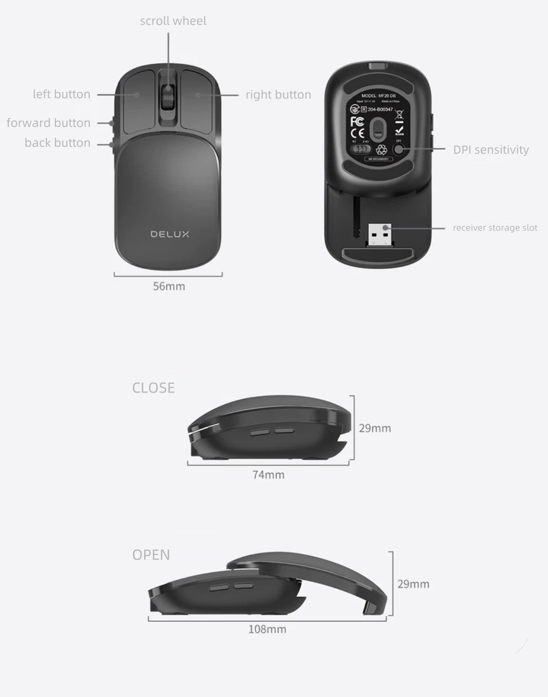 BackpackBeat 1107 wireless mouse full dimension diagram showing top bottom closed and open measurements with button labels