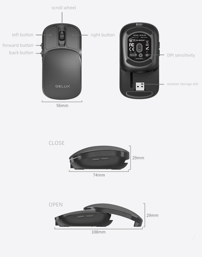 BackpackBeat 1107 wireless mouse full dimension diagram showing top bottom closed and open measurements with button labels