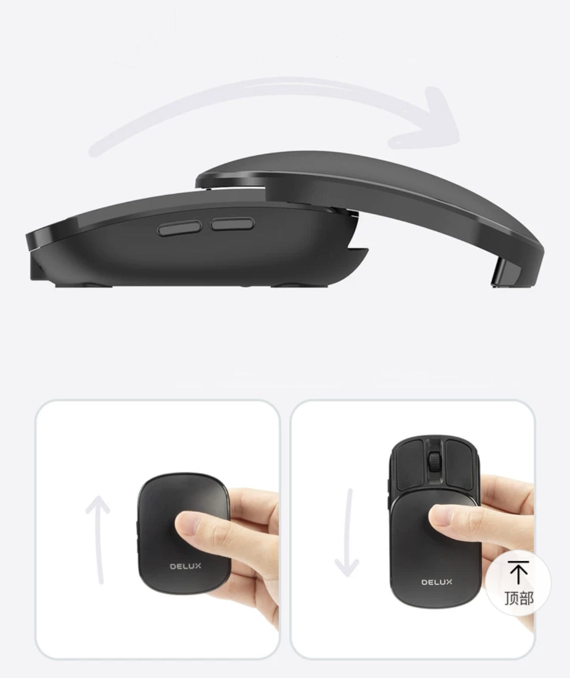 BackpackBeat 1107 travel mouse shown folded closed and unfolded open side by side with hand size reference