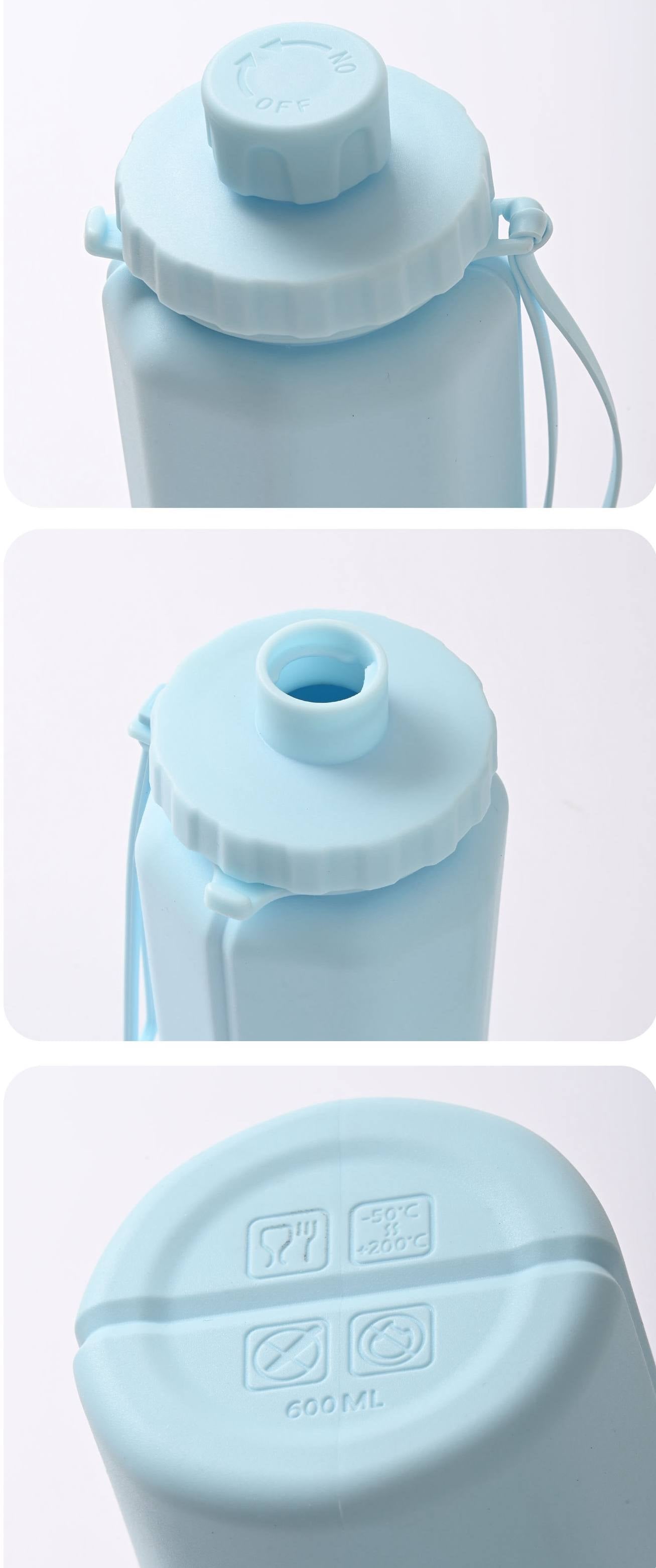 BackpackBeat 1108 close up of twist cap open mouth and base showing food grade BPA free 600ml silicone markings