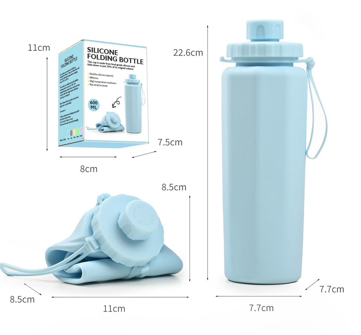 BackpackBeat 1108 blue silicone bottle shown full height 22.6cm next to folded flat 8.5cm with packaging and dimensions