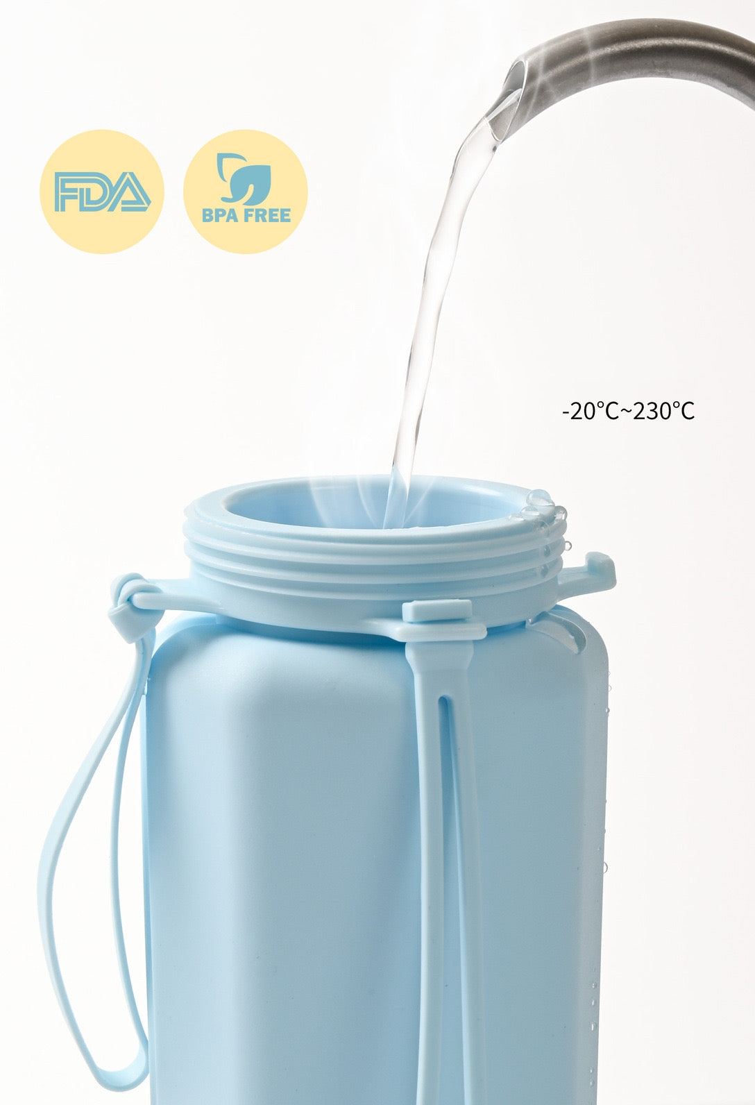 BackpackBeat 1108 blue silicone bottle being filled with water showing FDA and BPA free certification badges and temperature range