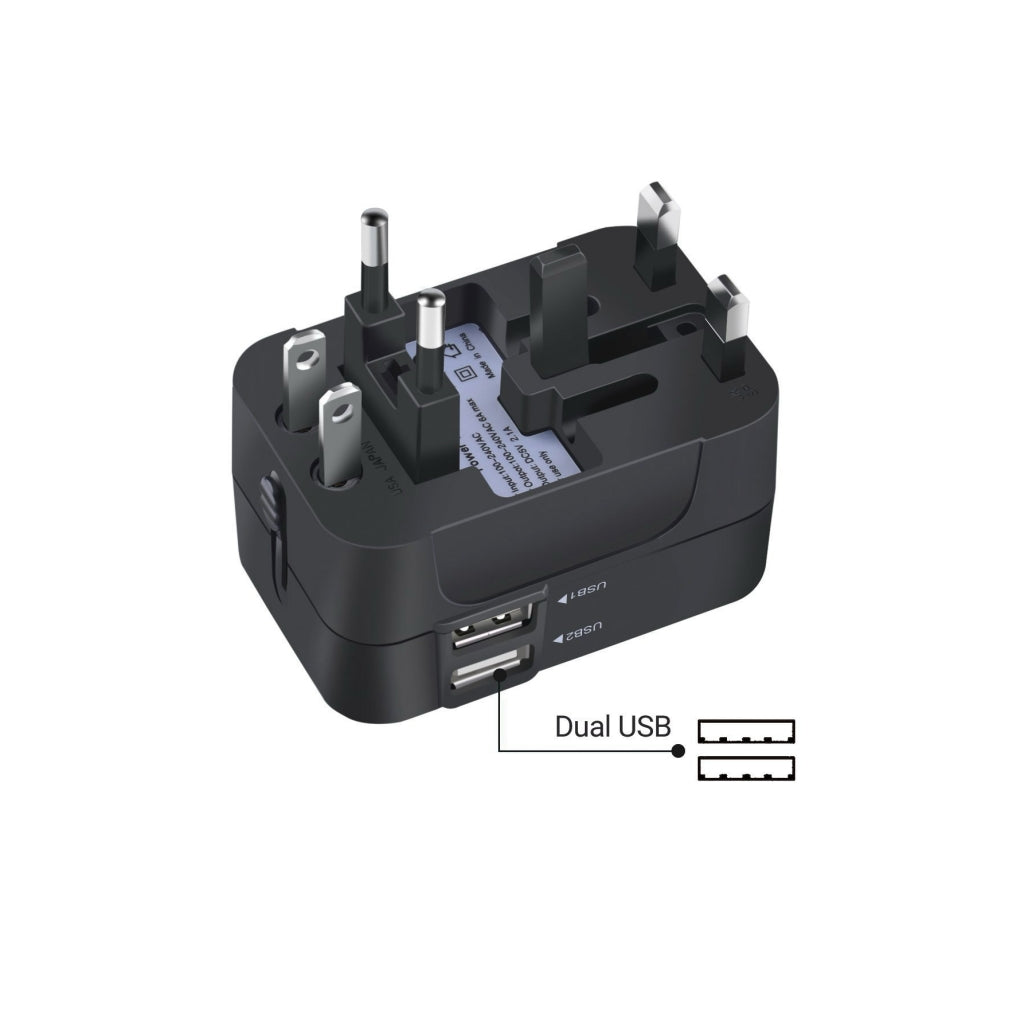 BackpackBeat 1109 adapter showing all plug types extended simultaneously with dual USB ports labeled USB1 and USB2