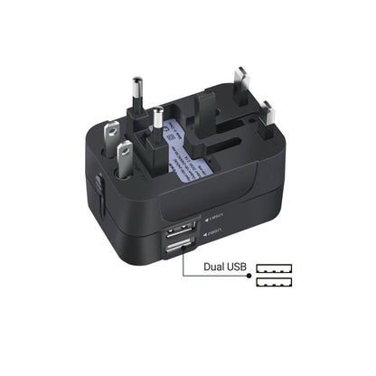 BackpackBeat 1109 adapter showing all plug types extended simultaneously with dual USB ports labeled USB1 and USB2