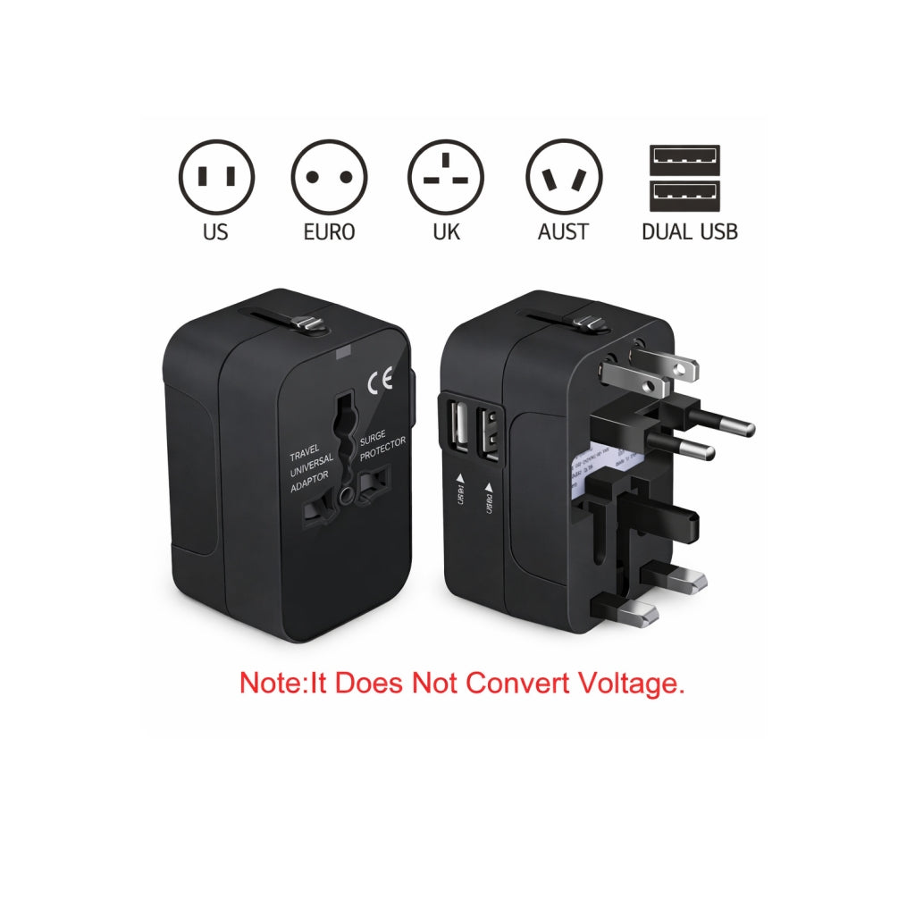 BackpackBeat 1109 universal adapter front showing universal socket and back showing dual USB ports with US Euro UK AUS plug type icons