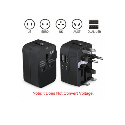 BackpackBeat 1109 universal adapter front showing universal socket and back showing dual USB ports with US Euro UK AUS plug type icons
