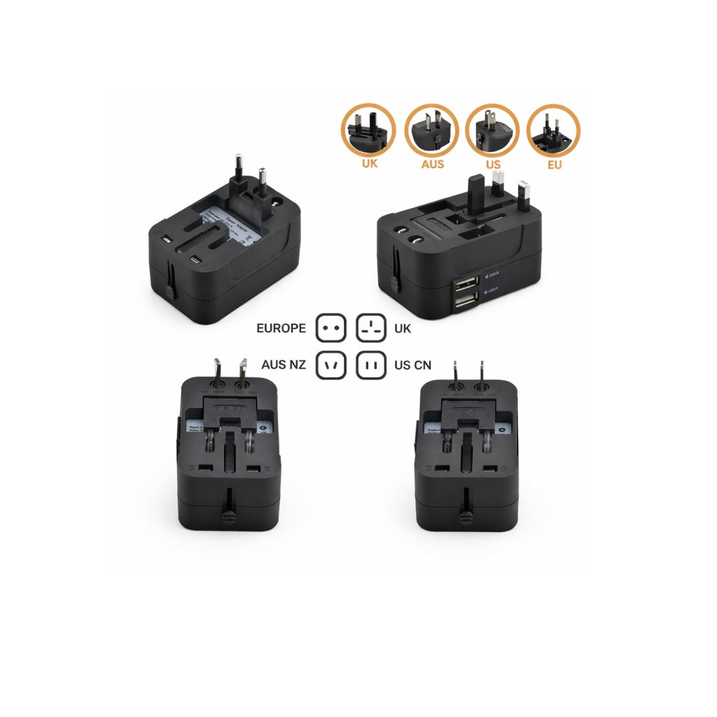 BackpackBeat 1109 travel adapter shown from four angles with UK AUS US and EU plug compatibility icons